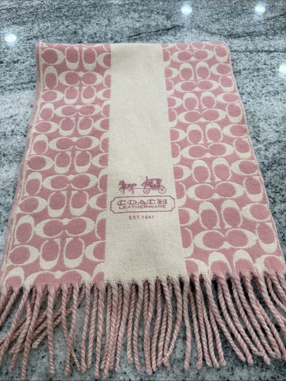 Coach Pink & Cream Signature Fringe Scarf - Picture 5 of 6